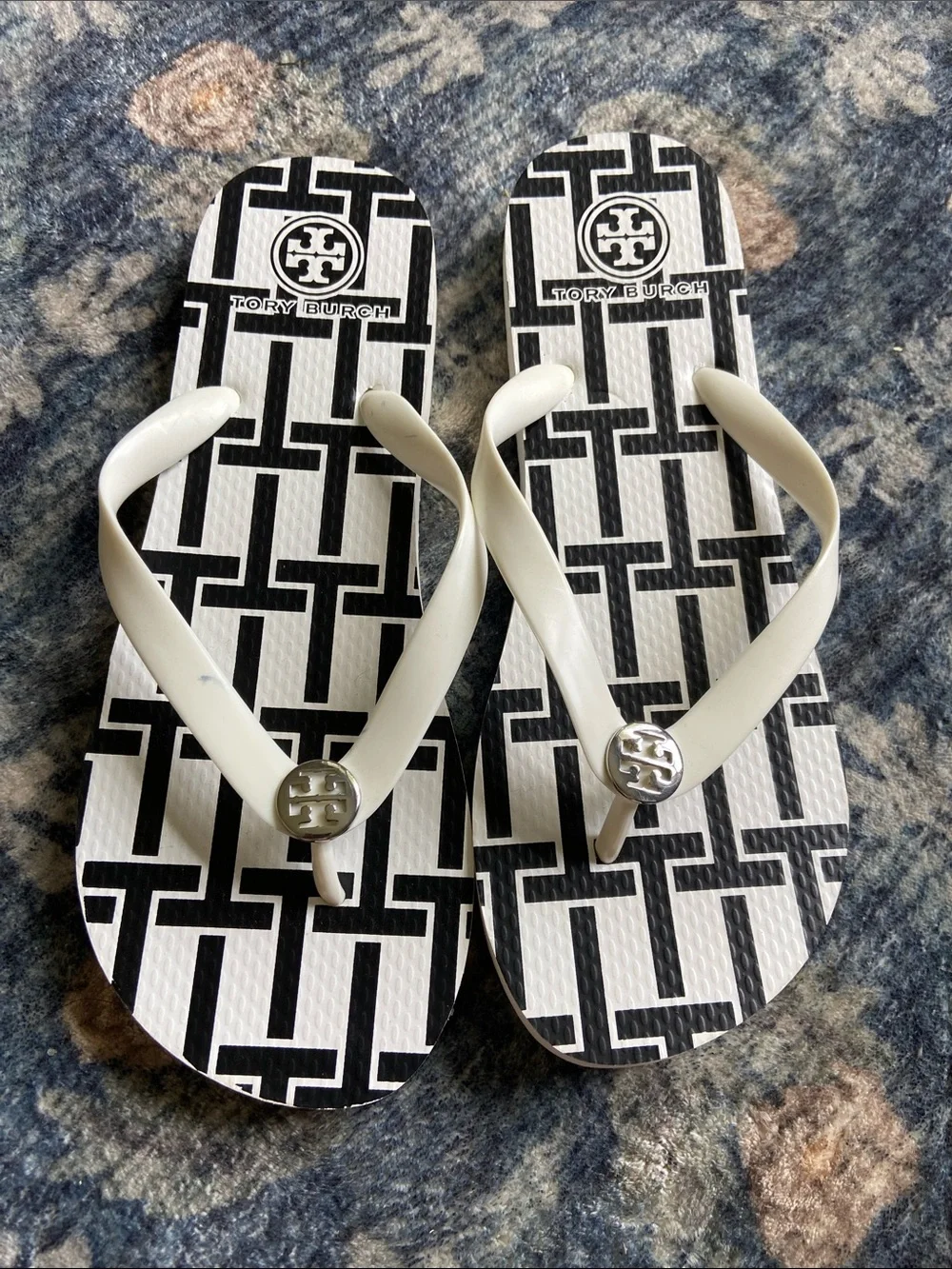 Tory Burch White and Black Geometric Logo Flip Flops